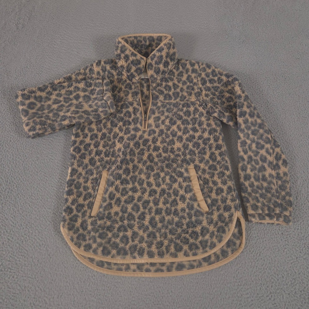 Abercrombie & Fitch Jacket Womens M Tan Leopard Print Faux Fur Fleece Pullover